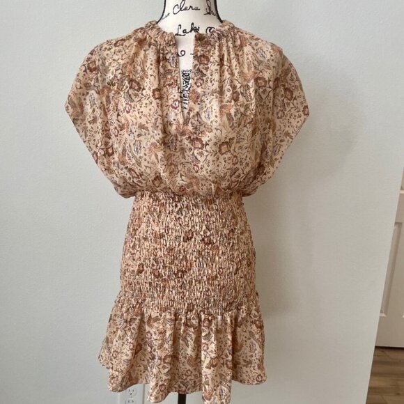 OLIVACEOUS DRESS FLORAL METALLIC DETAIL RUCHED TIERED SMOCKED SZ M FAIRY CORE - Picture 2 of 16